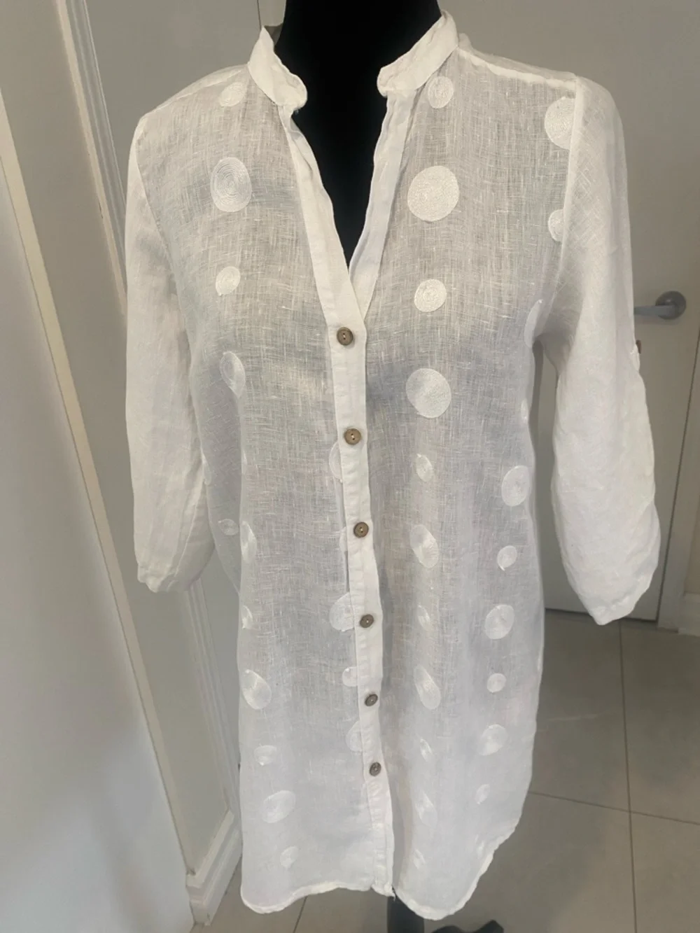 LINEN ROSEMARINE Made in Italy long White 3/4 Length sleeve Blouse Size Small - Picture 2 of 13